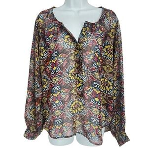 Patterson J Kincaid Floral Tie Neck Blouse Sheer Long Sleeve Top XS Boho